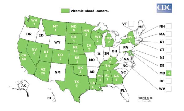 WNV U.S. Viremic Blood Donor Map