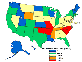Annual incidence per million population for Rocky Mountain spotted  fever by state in the United States for 2002