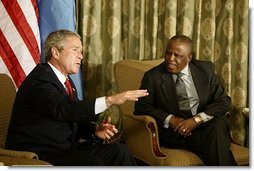 President George W. Bush begins participation in meeting with the President Festus Magae of Botswana in Gaborone, Botswana, Thursday, July 10, 2003. “We're thrilled to be here. You have been a very strong leader,” said President Bush during their joint press conference. “First, I want to commend you for your leadership. I appreciate your commitment to democracy and freedom, to rule of law and transparency. I want to congratulate you for serving your country so very well.”. 