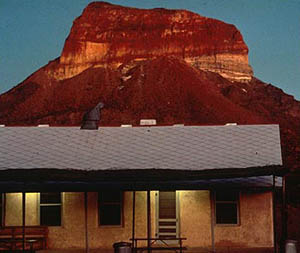 Image of building in Castolon, Texas with Cerro Castellan in the background, Big Bend National Park.