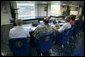 President George W. Bush listens to U.S. Coast Guard Vice Admiral Thad Allen, seen at screen, during a briefing on the present conditions in New Orleans and on Hurricane Rita, Tuesday, Sept. 20, 2005, aboard the USS Iwo Jima in New Orleans, La., with Rear Admiral Larry Hereth, left, U.S. Army Lt. General Russel Honore, Louisiana Governor Kathleen Blanco and New Orleans Mayor Ray Nagin. White House photo by Eric Draper