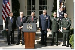 President George W. Bush issues a statement, Wednesday, Sept. 28, 2005 in the Rose Garden at the White House in Washington, on the war on terror following his meeting with U.S. Army Generals John Abizaid and George W. Casey. President Bush is also joined by Vice President Dick Cheney, Secretary of Defense Donald Rumsfeld and Joint Chiefs of Staff Chairman General Richard B. Myers.  White House photo by Paul Morse