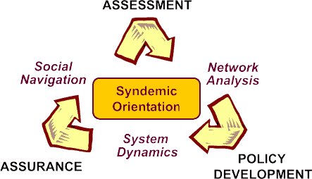Figure 1: Core Public Health Functions Under a Syndemic Orientation.  Three circling arrows show the core functions of public health (assessment, policy development, and assurance) in a continuous loop with the concept of a syndemic orientation in the middle.  Network analysis is a methodology connecting assessment and policy development.  System dynamics is a methodology connecting policy development and assurance.  And finally, social navigation is a methodology connecting assurance and assessment.