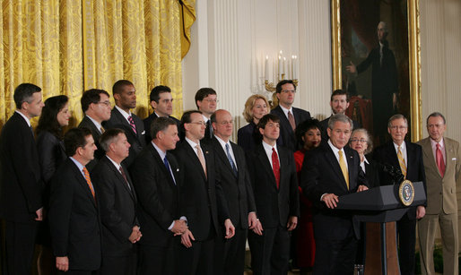 President George W. Bush addresses an East Room audience Thursday, Feb. 7, 2008, on pending President nominations. In urging the Senate to act on the nominations, the President said, "I'm really grateful for the many talented and dedicated and patriotic men and women who have answered the call to service. And now my call to the United States Senate is this: Rise to your responsibilities; give these nominees the vote they deserve, and confirm them as soon as possible." White House photo by Chris Greenberg