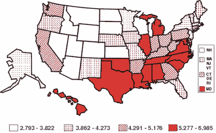 Image of map showing age-standardized pevalence* of diagnosed diabetes per 100 adult female population, by state, United States, 1996-1998.  A table that follows describes the information in detail.