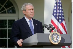 President George W. Bush addresses his remarks on the economy Friday morning, Oct. 10, 2008, in the Rose Garden at the White House. President Bush said that he understands that the startling drop in the stock market over the past few days has been a deeply unsettling period for the American people, but they need to know that the United States government is acting, and will continue to act to resolve this crisis and restore stability to our markets. White House photo by David Bohrer