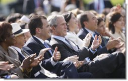 President George W. Bush sits with Panama's Ambassador to the United States Frederico A. Humbert, during festivities Thursday, Oct. 9, 2008, celebrating Hispanic Heritage Month on the South Lawn at the White House.  White House photo by Eric Draper
