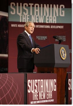 President George W. Bush delivers remarks at the White House Summit on International Development Tuesday, Oct. 21, 2008, in Washington, D.C. President Bush said during his remarks, "History shows what happens when America combines our great compassion with our steadfast determination.We are a compassionate people and we are a determined people." White House photo by Eric Draper