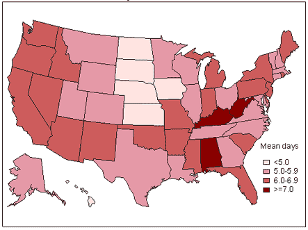 Mean number of unhealthy days among adults by State – United States, Behavioral Risk Factor Surveillance System 2003