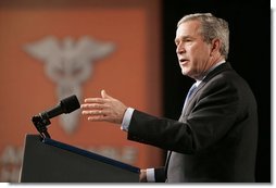 President George W. Bush discusses aspects of medical liability reform during a visit to Collinsville, Ill., Wednesday, Jan. 5, 2005. "America's health care professionals should be focused on fighting illnesses, not on fighting lawsuits," said the President. "Junk lawsuits change the way docs do their job. Instead of trying to heal the patients, doctors try not to get sued."  White House photo by Paul Morse