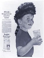 Adv. showing freckled, toothless boy in coon-skin cap holding glass of Sunkist lemonade