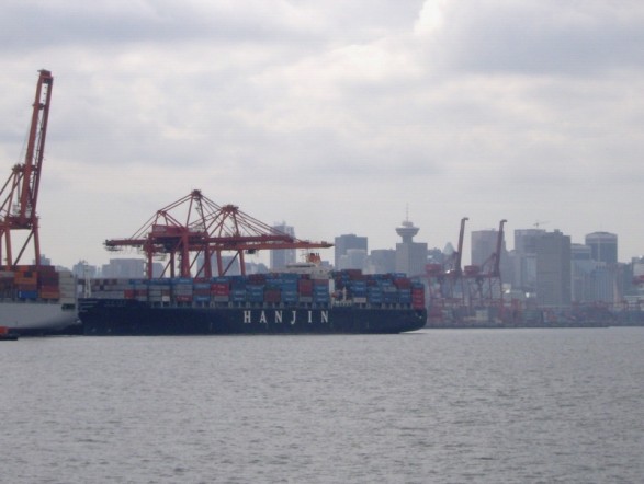  Hanjin company container ship at port in the Port of Vancouver