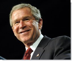 President George W. Bush smiles during his remarks at the White House Regional Conference on Faith-Based Initiatives in Philadelphia, Pa., Thursday, Dec. 12.  White House photo by Eric Draper