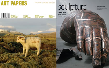   Two magazine covers. Art papers has a picture of a twoheaded sheep in a rugged landscape.. Sculpture has a photo of a large sculpture of a hand 						