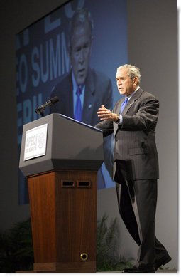 President George W. Bush addresses the APEC CEO Summit 2008 Saturday, Nov. 22, 2008, at the Ministry of Defense Convention Center in Lima, Peru. The President told his audience, "I believe it is important for the world to recognize, and for our country to recognize, that the United States is a Pacific nation. And over the past eight years. I made APEC a priority." White House photo by Eric Draper