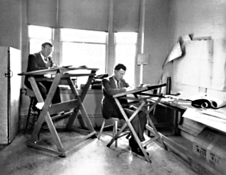 WPA Draftsmen making construction drawings of folk instruments at the Shattuck Ave. Berkeley office of
the California Folk Music Project.