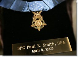 The Medal of Honor for Sgt. 1st Class Paul Smith. Awarded posthumously Monday, April 4, 2005, during ceremonies at the White House. White House photo by Paul Morse