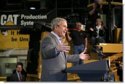 President George W. Bush gestures as he speaks to workers at Caterpillar Inc. in East Peoria, Ill., Tuesday, Jan. 30, 2007, on the strength of the U.S. economy.  White House photo by Paul Morse