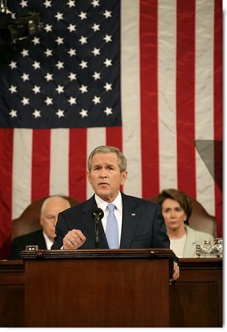 President George W. Bush delivers his State of the Union Address Tuesday, Jan. 23, 2007, at the U.S. Capitol. "For all of us in this room, there is no higher responsibility than to protect the people of this country from danger," said President George W. Bush. "Five years have come and gone since we saw the scenes and felt the sorrow that the terrorists can cause. We've had time to take stock of our situation. We've added many critical protections to guard the homeland. We know with certainty that the horrors of that September morning were just a glimpse of what the terrorists intend for us -- unless we stop them."  White House photo by Eric Draper