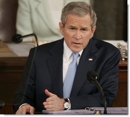 President George W. Bush emphasizes a point during the State of the Union address Tuesday, January 23, 2007. The President told the nation, "We're not the first to come here with a government divided and uncertainty in the air. Like many before us, we can work through our differences and achieve big things for the American people."  White House photo by Paul Morse
