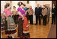 Mrs. Laura Bush stands with Sochi Mayor Viktor Kolodyazhny as they listen to the Russian singing group "Lubo," during a visit Sunday, April 6, 2008, to the Sochi Art Museum. With them at left is Mrs. Svetlana Ushakova, spouse of Yury Ushakov, Russian Ambassador to the United States. White House photo by Shealah Craighead