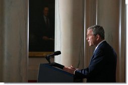 President George W. Bush delivers a statement on Iraq Thursday, April 10, 2008, from Cross Hall in the White House. Said the President, "All our efforts are aimed at a clear goal: A free Iraq that can protect its people, support itself economically, and take charge of its own political affairs." White House photo by Joyce N. Boghosian