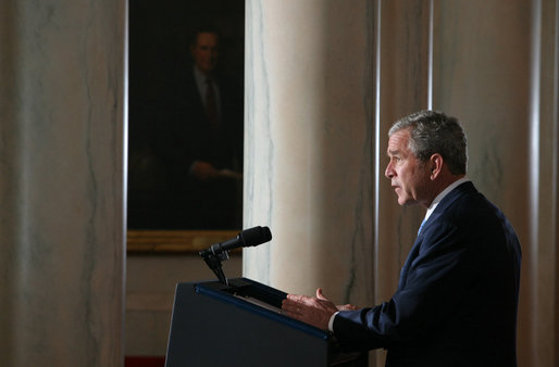 President George W. Bush delivers a statement on Iraq Thursday, April 10, 2008, from Cross Hall in the White House. Said the President, "All our efforts are aimed at a clear goal: A free Iraq that can protect its people, support itself economically, and take charge of its own political affairs." White House photo by Joyce N. Boghosian