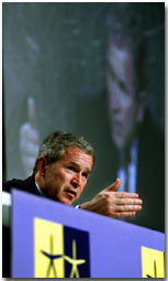President George W. Bush talks about his meetings with Swedish Prime Minister Groan Person and European Union Commission President Romano Prodi Goteborg, Sweden at a press conference on Wednesday June 14, 2001. WHITE HOUSE PHOTO BY PAUL MORSE