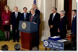 President George W. Bush addresses the media during the signing of the Homeland Security Act in the East Room Monday, Nov. 25.  White House photo by Paul Morse