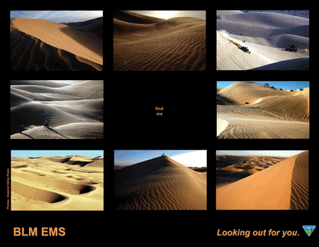 BLM EMS (Emergency Medical Services):  Looking out for you.  Graphic depicting various dune images.  All photos Imperial Valley Press.  Graphic design:  BLM