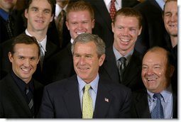 President George W. Bush stands with the Detroit Red Wings, who brought the NHL 2002 Stanley Cup to the White House Friday, Nov. 8. "But let me tell you what I'm most impressed with, about how the players and the owners have used this championship victory," said the President. "One afternoon, Steve Yzerman brought the cup to children in three different hospitals across the state of Michigan. The Ilitch family used the cup to raise a lot of money for a local emergency room. The coach made a dream come true for a child with leukemia, who just simply wanted to touch the Stanley Cup."  White House photo by Paul Morse