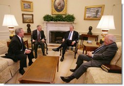 President George W. Bush and Vice President Dick Cheney speak with Senate Democratic leaders Sen. Harry Reid, second from left, and Sen. Richard Durbin at a post-election meeting in the Oval Office, Friday, Nov.10, 2006.  White House photo by David Bohrer
