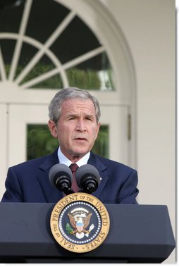 President George W. Bush delivers remarks on the ongoing conflict involving Georgia, Russia, and the Georgian provinces of Abkhazia and South Ossetia.Monday, Aug. 11, 2008, in the Rose Garden of the White House. White House photo by Joyce N. Boghosian