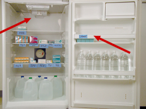 In the refrigerator, vaccine should be stored in the middle of the compartment, away from the walls and coils and off the floor.