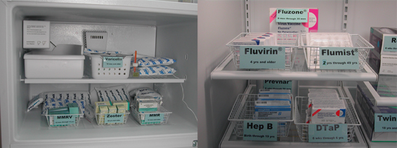 Attach labels directly to the shelves on which the vaccines are sitting or label trays or containers according to the vaccines they contain.