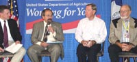 (from left) Northern Ag Network Newscaster Justin Mills, Mark Rey, Wyoming Senator Craig Thomas, and Wyoming Department of Agriculture Director John Etchepare