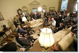 President George W. Bush and German Chancellor Gerhard Schroeder talk with the media in the Oval Office Monday, June 27, 2005. "It's my honor to welcome the Chancellor of an ally and a friend back to the Oval Office. We have had and will continue to have a frank and open discussion about very important issues. Germany is a very important country in Europe, and Germany is a friend of the United States," said the President in his opening statement.  White House photo by Eric Draper