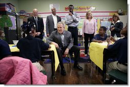 President George W. Bush meets with students at the Samuel J. Green charter school in New Orleans, Thursday, March 1, 2007, during President Bush’s visit to the Gulf Coast region to see the continued recovery progress of communities devastated by Hurricane Katrina. President Bush is joined on his visit by Louisiana Lt. Gov. Mitch Landrieu, left, New Orleans Mayor Ray Nagin, Dr. Anthony “Tony” Recasner, principal and director of the charter school, teachers Alice “Christy” Kane and Maria Cerda, right. White House photo by Eric Draper