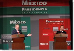 President George W. Bush and Mexico’s President Felipe Calderon appear together Wednesday, March 14, 2007 in Merida, Mexico, during a joint news conference. Mexico is the last stop on President Bush’s five country visit to Latin America.  White House photo by Paul Morse