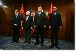 Vice President Dick Cheney stands with Albanian Prime Minister Sali Berisha, left, Croatian Prime Miniser Ivo Sanader, center right, and Macedonian Prime Minister Vlado Buckovski, right, during a multilateral meeting of the Adriatic Charter countries, Sunday, May 7, 2006 in Dubrovnik, Croatia.  White House photo by David Bohrer