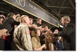 President George W. Bush greets audience members following his address on the American Competitiveness Initiative to an audience at Northern Kentucy University, Friday, May 19, 2006 in Highland Heights, Ky. White House photo by Kimberlee Hewitt