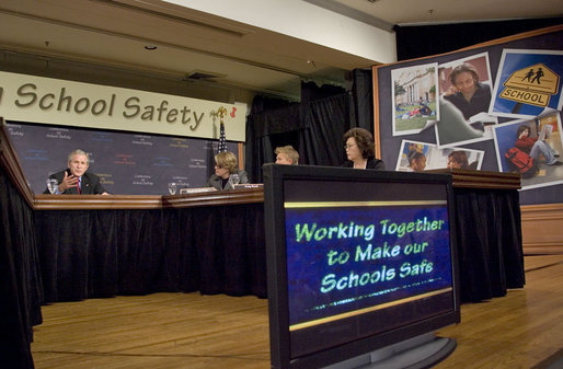 President George W. Bush participates in a panel on school safety at the National 4-H Conference Center in Chevy Chase, Md., Tuesday, Oct. 10, 2006. "All of us in this country want our classrooms to be gentle places of learning, places where people not only learn the basics -- basic skills necessary to become productive citizens, but learn to relate to one another," said President Bush. "And our parents I know want to be able send their child or children to schools that are safe places." White House photo by Kimberlee Hewitt