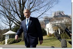 President George W. Bush after making a statement to the press on the terrorist bombings in Madrid, Spain today before departing the White House on Thursday March 11, 2004.  White House photo by Paul Morse