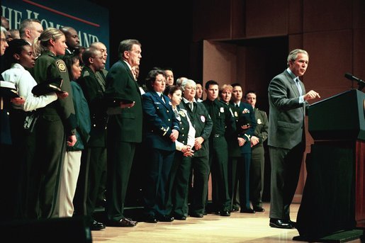 Marking its one-year anniversary, President George W. Bush discusses the accomplishments of the U.S. Department of Homeland Security at the Ronald Reagan Building and International Trade Center in Washington, D.C., Tuesday, March 2, 2004. White House photo by Paul Morse.