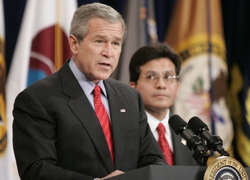 Attorney General Alberto Gonzales looks on as President Bush delivers remarks Monday, Feb. 14, 2005, during Mr. Gonzales's ceremonial swearing in. White House photo by Paul Morse.