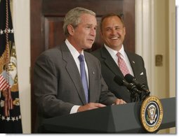 President George W. Bush introduces former Iowa Rep. Jim Nussle Tuesday, June 19, 2007 in the Roosevelt Room, as his nominee to be the new director of the Office of Management and Budget replacing outgoing director Rob Portman. White House photo by Debra Gulbas