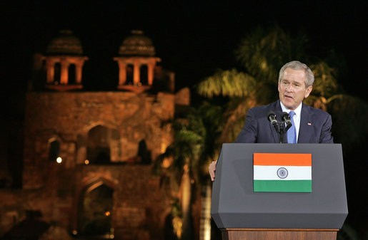 President George W. Bush offers remarks Friday, March 3, 2006, at Purana Qila in New Delhi. The President told the audience, "In a few days, I'll return to America, and I will never forget my time here in India. America is proud to call your democracy a friend." White House photo by Paul Morse