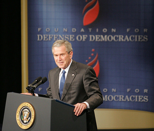 President George W. Bush addresses his remarks on the global war on terror, Monday, March 13, 2006 , before members and guests of the Foundation for the Defense of Democracies at the Dorothy Betts Marvin Theatre at George Washington University in Washington. White House photo by Paul Morse