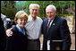 Former President Gerald R. Ford stands with Vice President Dick Cheney and Mrs. Lynne Cheney upon their arrival to Beaver Creek, Colorado for the American Enterprise Institute World Forum, June 20, 2003. President Ford, in partnership with British Prime Minister James Callaghan, French President Valery Giscard D'Estaing, and German Chancellor Helmut Schmidt, created the AEI World Forum to annually gather senior business executives, government officials, and world scholars for dialogue in international finance, trade, national security, social policy, and politics. White House photo by David Bohrer