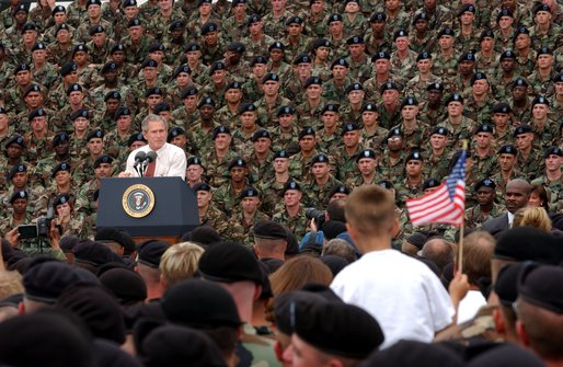 President George W. Bush addresses troops and families of the 10th Mountain Division and other members of the Fort Drum Community at Fort Drum, N.Y., July 19, 2002 White House Photo by Tina Hager 